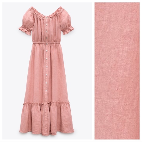 NWT. Zara Pink Linen Ruffled Cold Shoulders Midi Dress. Size S. - Picture 6 of 11